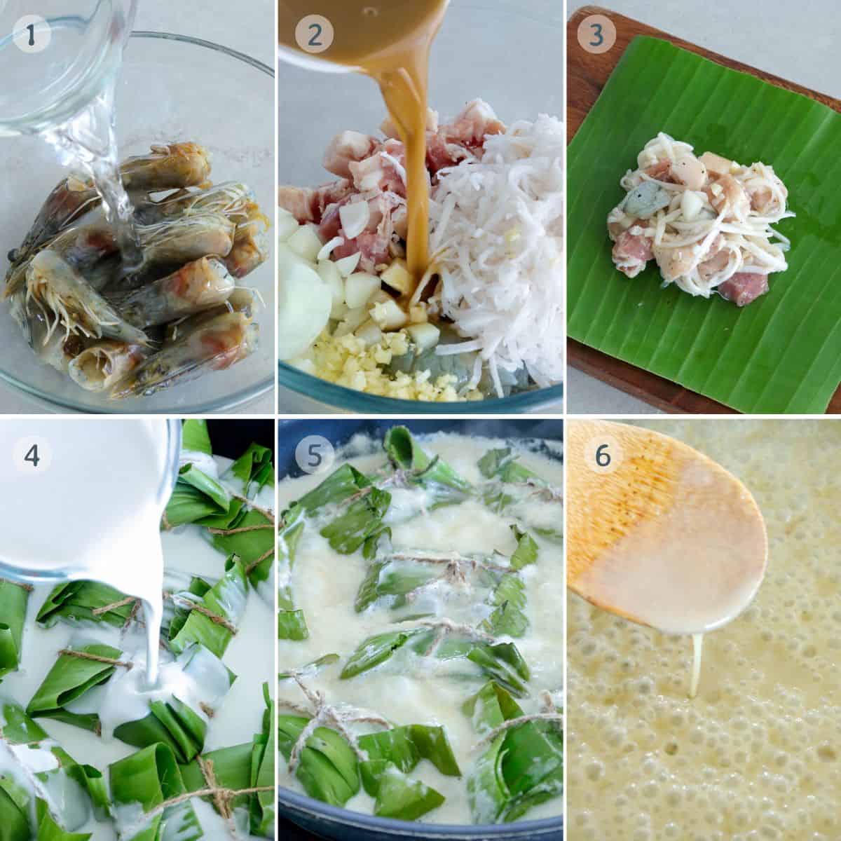 cooking pinais na hipon wrapped in banana leaves.